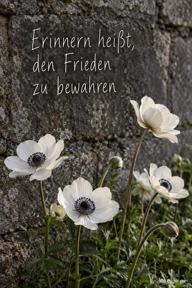 Weiße Anemonen blühen vor einer verwitterten Steinmauer, Text: Erinnern heißt, den Frieden zu bewahren