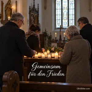 Menschen zünden in einer stillen Kirche Kerzen an einem Lichtertisch an, Text: Gemeinsam für den Frieden