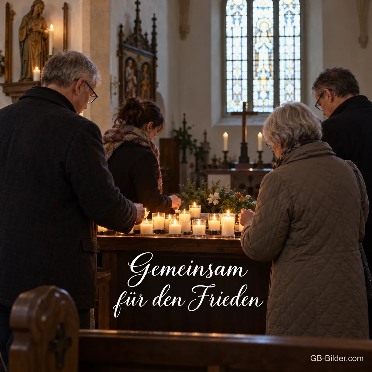 Menschen zünden in einer stillen Kirche Kerzen an einem Lichtertisch an, Text: Gemeinsam für den Frieden Menschen zünden in einer stillen Kirche Kerzen an einem Lichtertisch an, Text: Gemeinsam für den Frieden