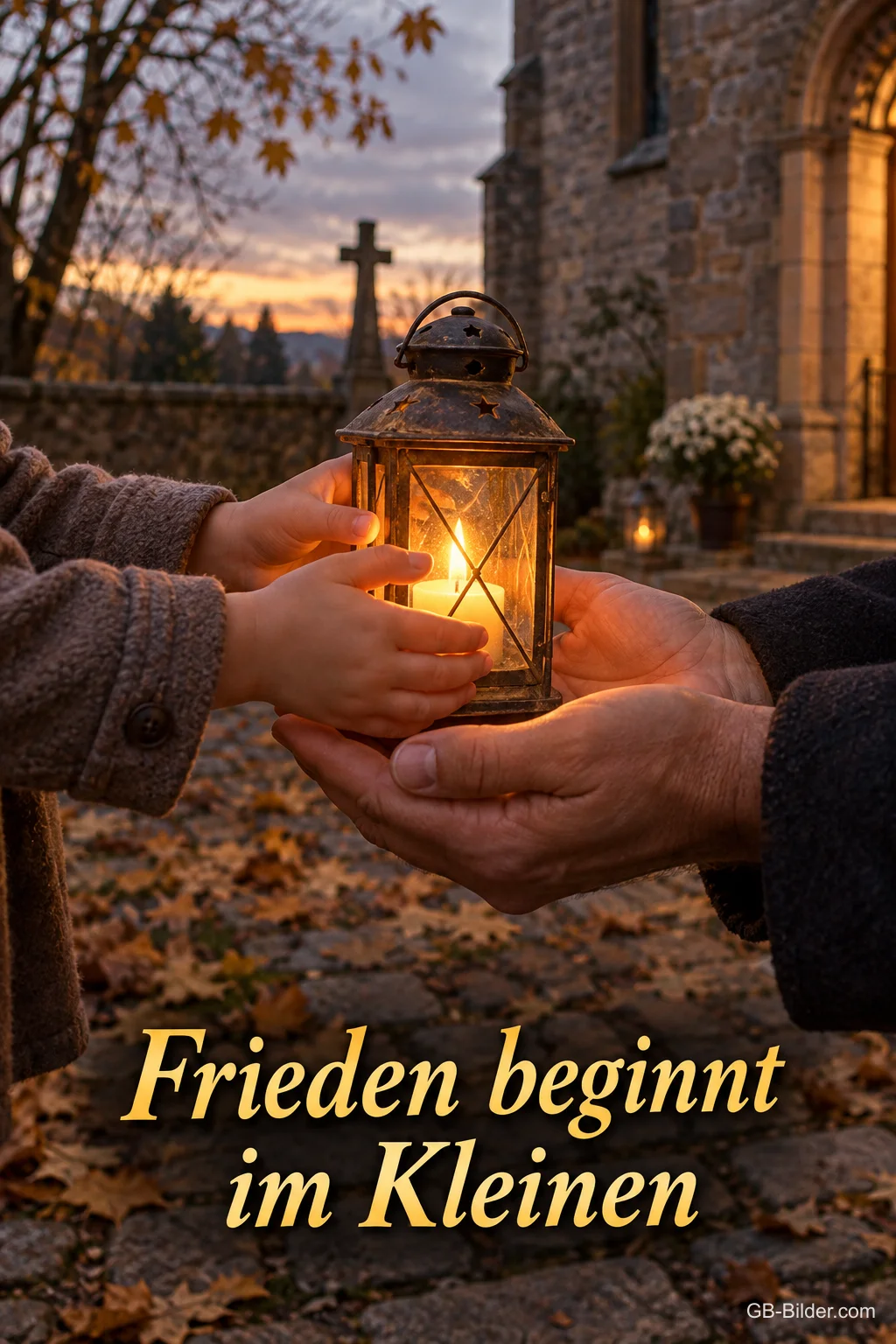 Kinderhände reichen einem Erwachsenen vor einer Kirche eine leuchtende Laterne, Text: Frieden beginnt im Kleinen