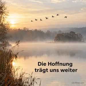 Über einem nebligen See im Morgenlicht ziehen Wildgänse dahin, Text: Die Hoffnung trägt uns weiter