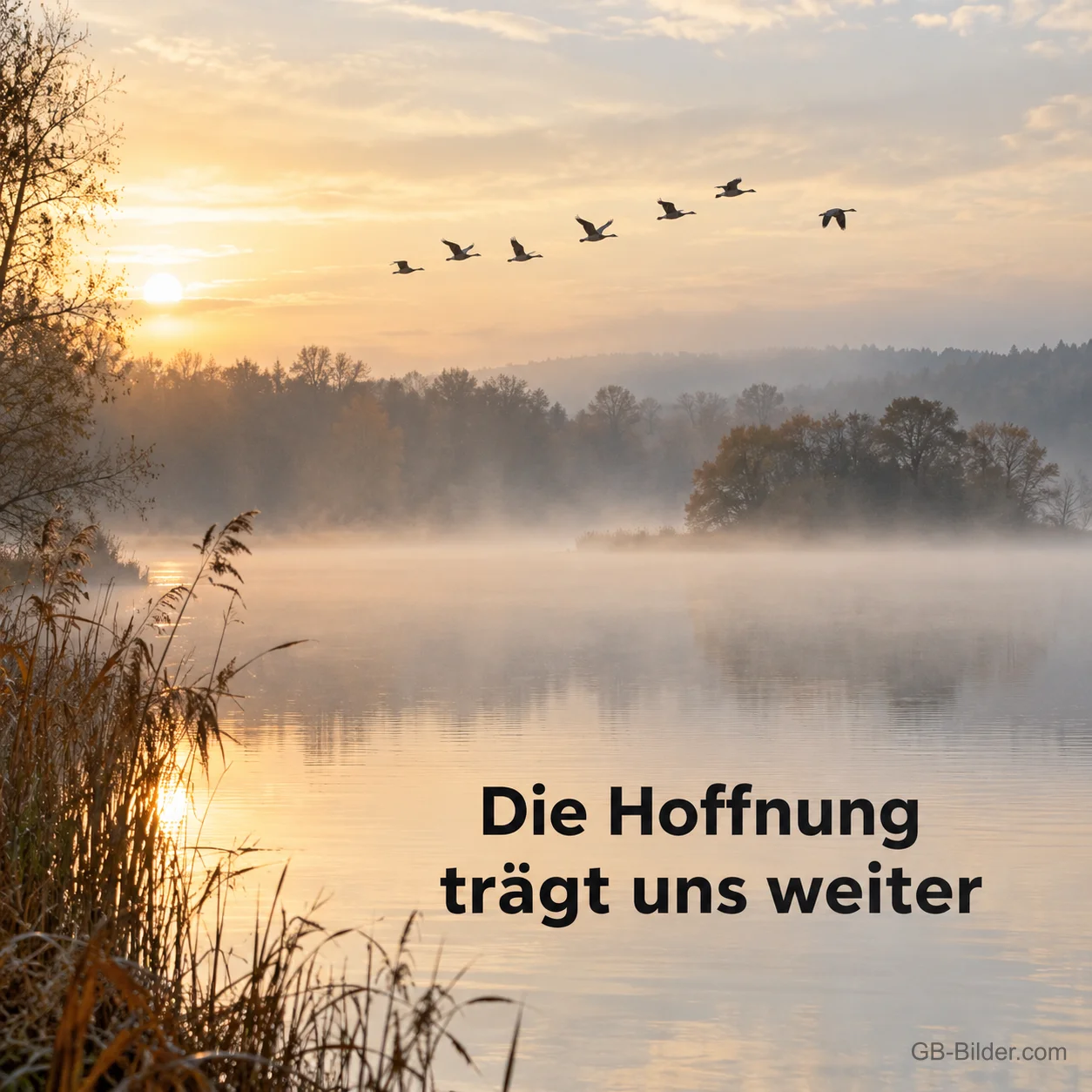Über einem nebligen See im Morgenlicht ziehen Wildgänse dahin, Text: Die Hoffnung trägt uns weiter