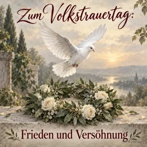 Eine gemalte weiße Taube schwebt über einem Kranz aus Lorbeer und weißen Rosen, Text: Zum Volkstrauertag: Frieden und Versöhnung