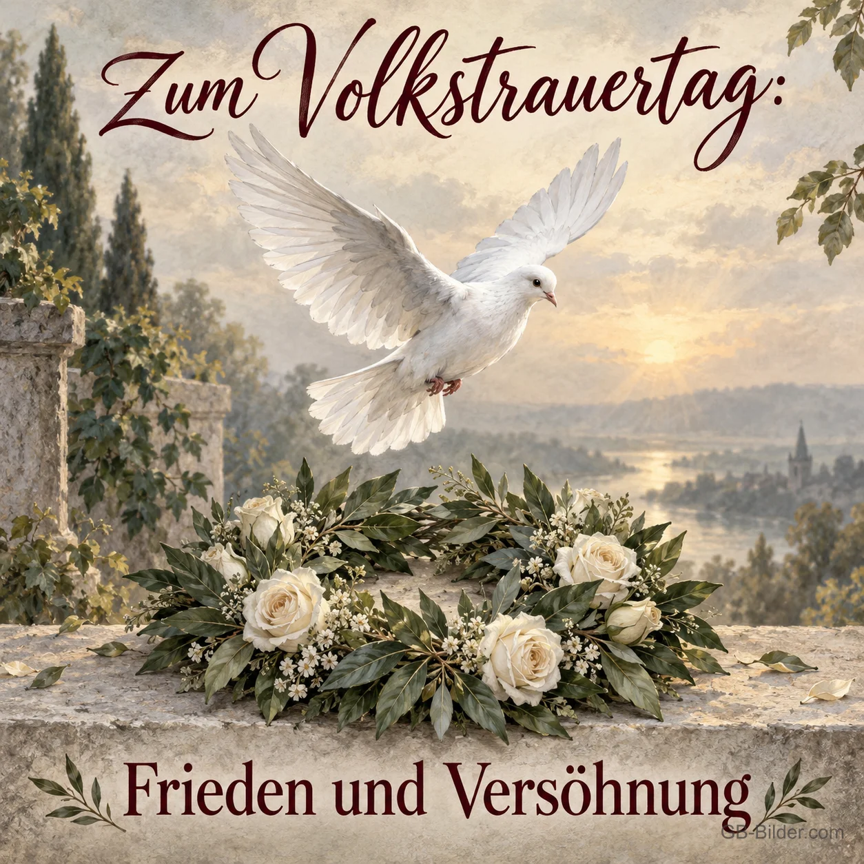 Eine gemalte weiße Taube schwebt über einem Kranz aus Lorbeer und weißen Rosen, Text: Zum Volkstrauertag: Frieden und Versöhnung Eine gemalte weiße Taube schwebt über einem Kranz aus Lorbeer und weißen Rosen, Text: Zum Volkstrauertag: Frieden und Versöhnung