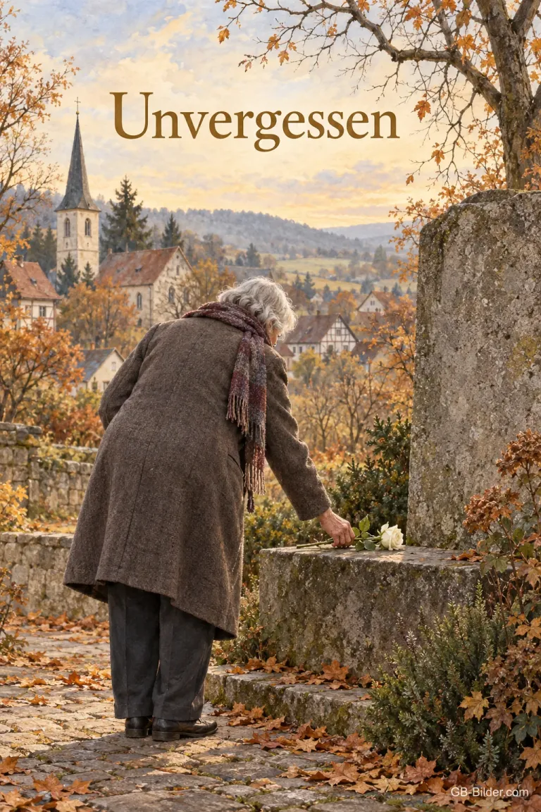 Eine ältere Frau legt im Herbst eine weiße Rose an einen Gedenkstein über einem Dorf, Text: Unvergessen