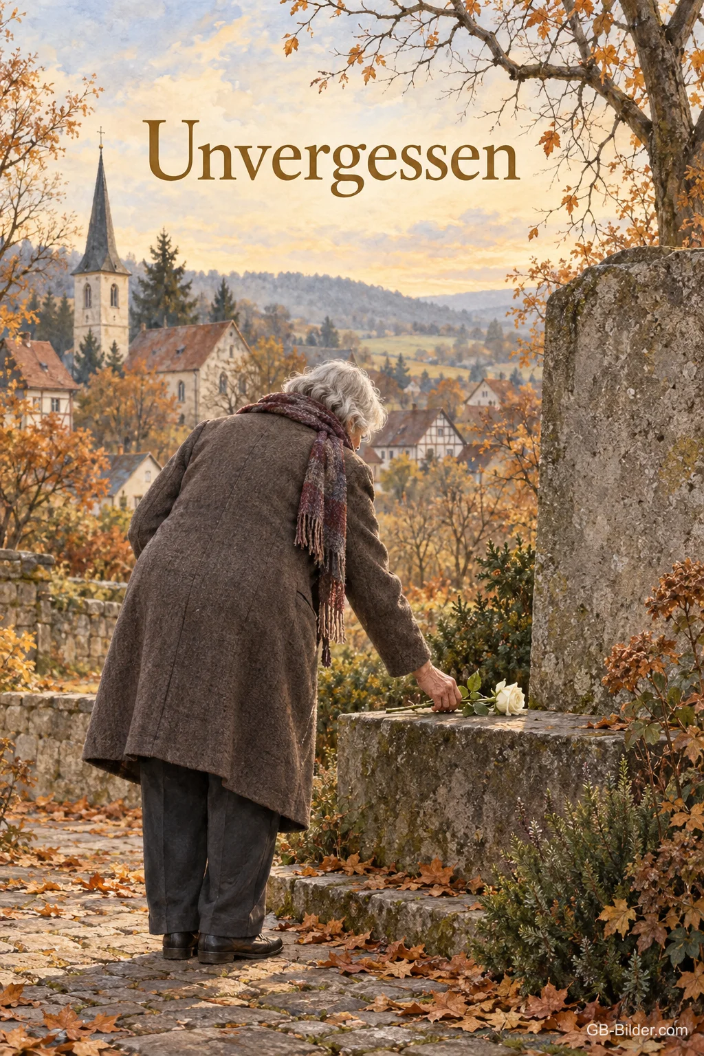 Eine ältere Frau legt im Herbst eine weiße Rose an einen Gedenkstein über einem Dorf, Text: Unvergessen Eine ältere Frau legt im Herbst eine weiße Rose an einen Gedenkstein über einem Dorf, Text: Unvergessen