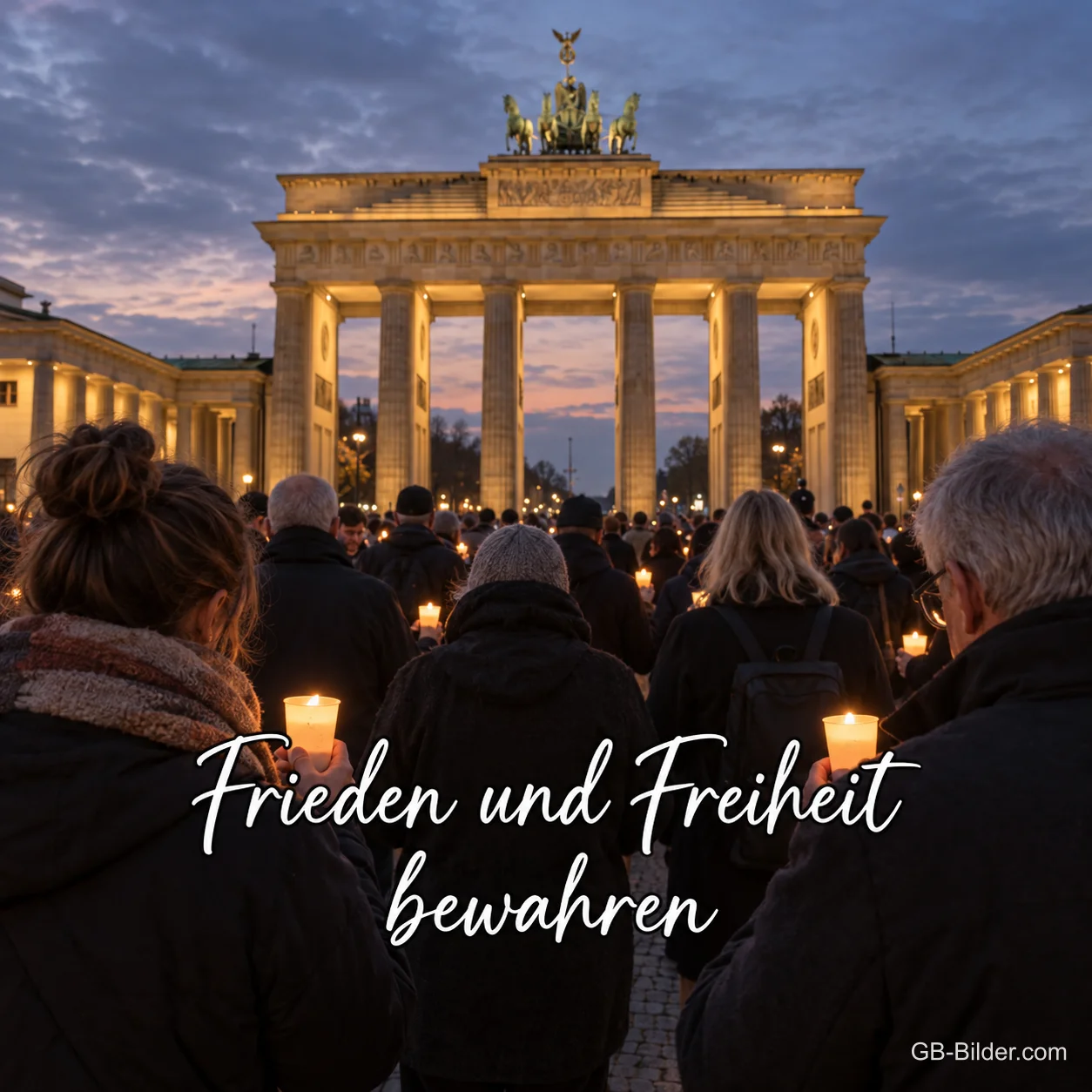 Menschen stehen in der Abenddämmerung mit Kerzen vor dem Brandenburger Tor, Text: Frieden und Freiheit bewahren