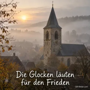 Ein Kirchturm ragt im Novembernebel über die Dächer eines Dorfes, Text: Die Glocken läuten für den Frieden