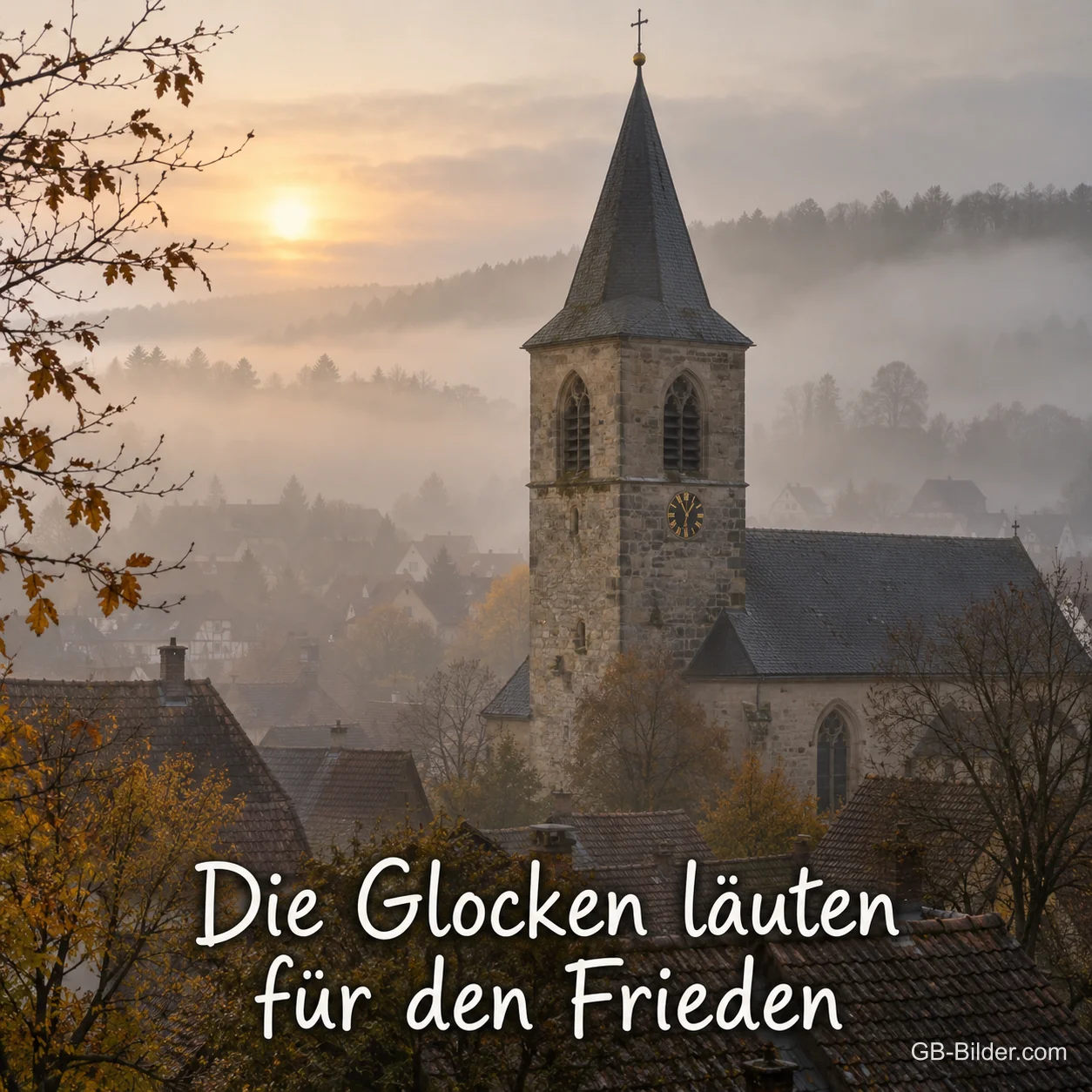 Ein Kirchturm ragt im Novembernebel über die Dächer eines Dorfes, Text: Die Glocken läuten für den Frieden Ein Kirchturm ragt im Novembernebel über die Dächer eines Dorfes, Text: Die Glocken läuten für den Frieden