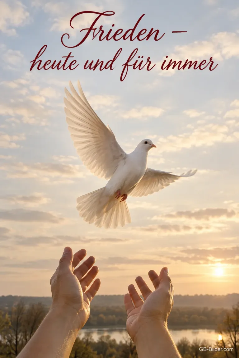 Zwei Hände lassen eine weiße Taube in den Abendhimmel fliegen, Text: Frieden – heute und für immer