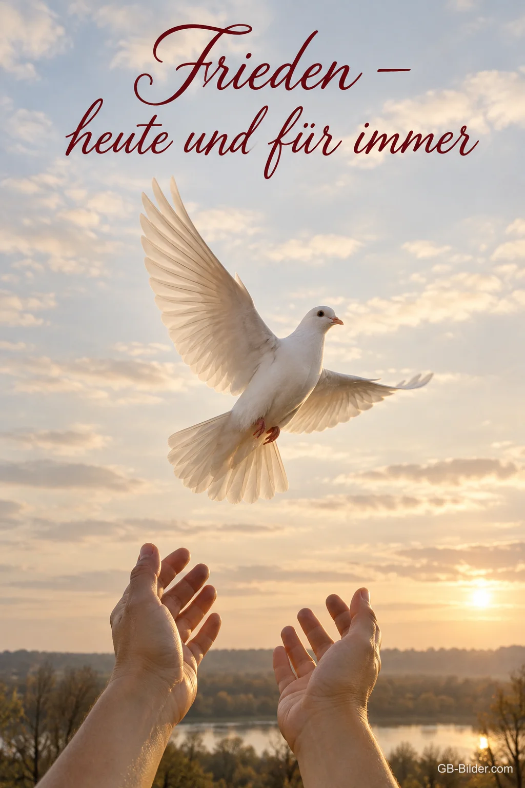 Zwei Hände lassen eine weiße Taube in den Abendhimmel fliegen, Text: Frieden – heute und für immer Zwei Hände lassen eine weiße Taube in den Abendhimmel fliegen, Text: Frieden – heute und für immer