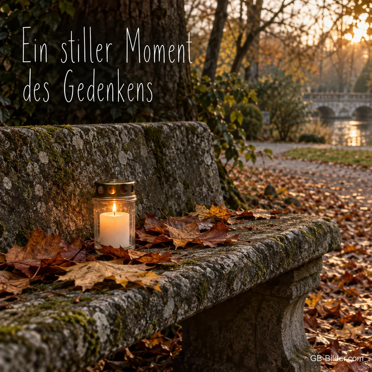 Ein Windlicht und Herbstlaub liegen auf einer alten Steinbank in einem Park, Text: Ein stiller Moment des Gedenkens Ein Windlicht und Herbstlaub liegen auf einer alten Steinbank in einem Park, Text: Ein stiller Moment des Gedenkens