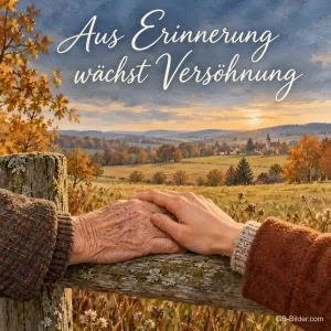 Eine alte und eine junge Hand ruhen auf einem Holzzaun über weiten Herbstfeldern, Text: Aus Erinnerung wächst Versöhnung