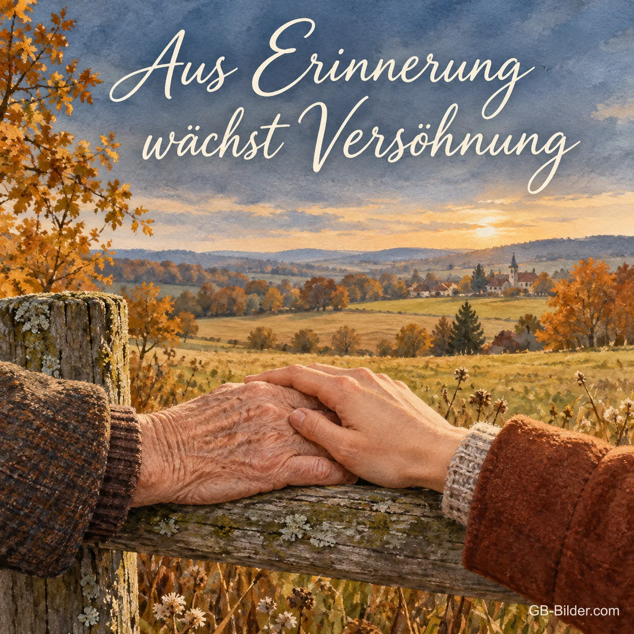 Eine alte und eine junge Hand ruhen auf einem Holzzaun über weiten Herbstfeldern, Text: Aus Erinnerung wächst Versöhnung Eine alte und eine junge Hand ruhen auf einem Holzzaun über weiten Herbstfeldern, Text: Aus Erinnerung wächst Versöhnung