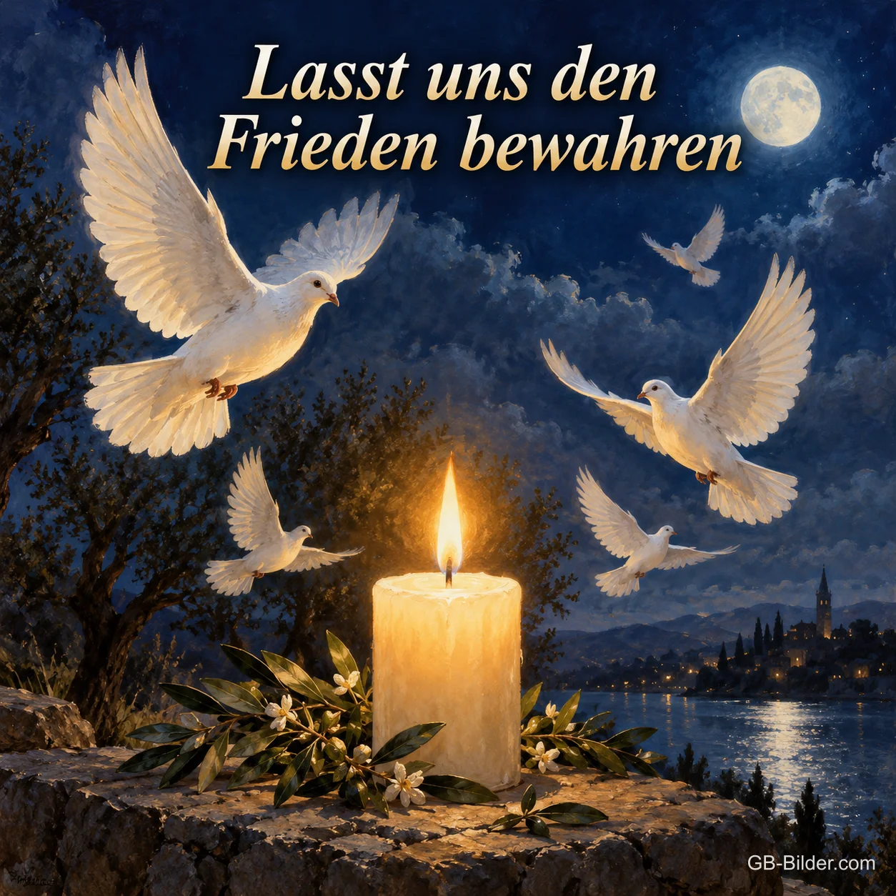 Eine Kerze leuchtet nachts, umgeben von weißen Tauben über einer Stadt am Wasser, Text: Lasst uns den Frieden bewahren Eine Kerze leuchtet nachts, umgeben von weißen Tauben über einer Stadt am Wasser, Text: Lasst uns den Frieden bewahren