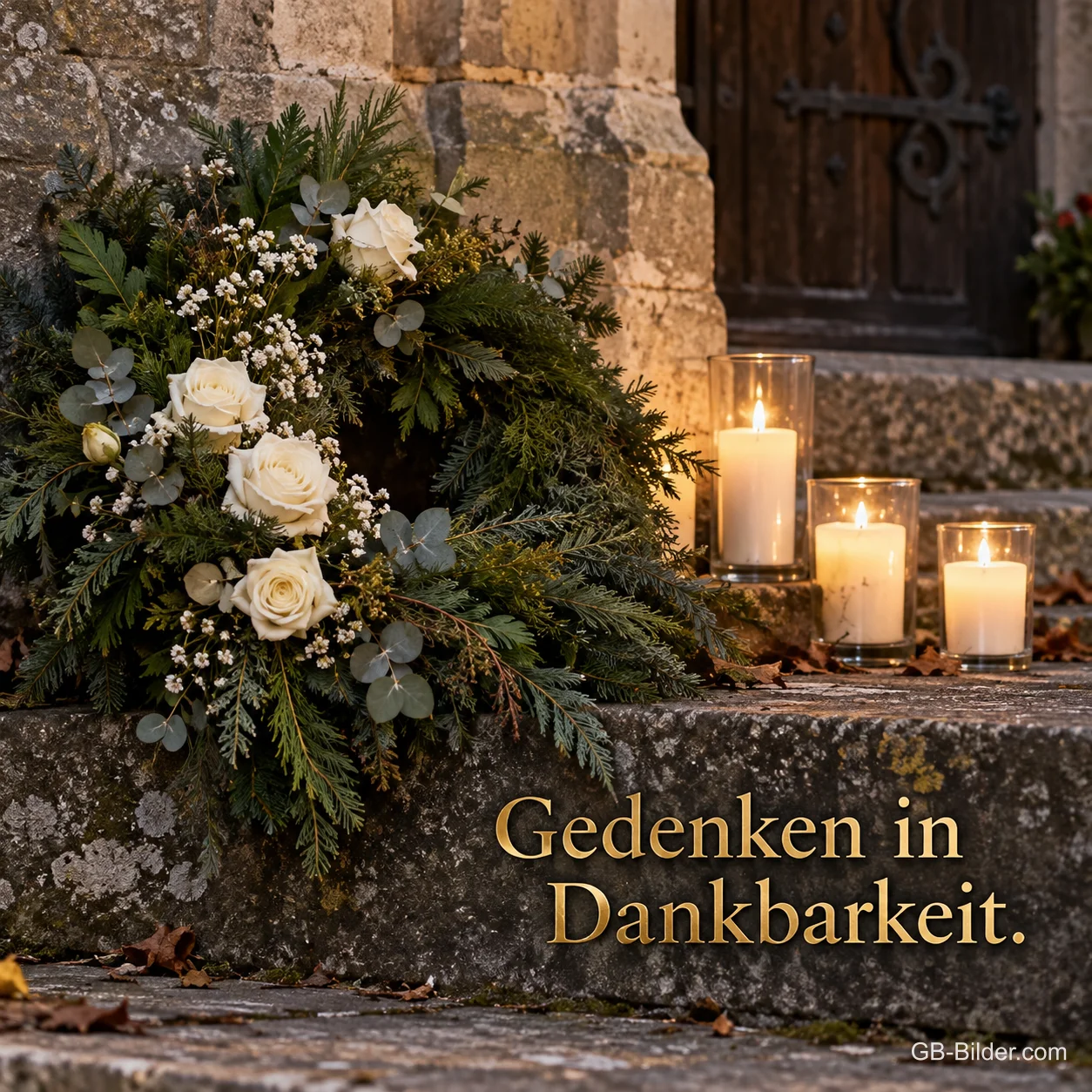 Ein Kranz aus Tanne und weißen Rosen liegt mit brennenden Kerzen auf den Steinstufen einer Kirche, Text: Gedenken in Dankbarkeit. Ein Kranz aus Tanne und weißen Rosen liegt mit brennenden Kerzen auf den Steinstufen einer Kirche, Text: Gedenken in Dankbarkeit.