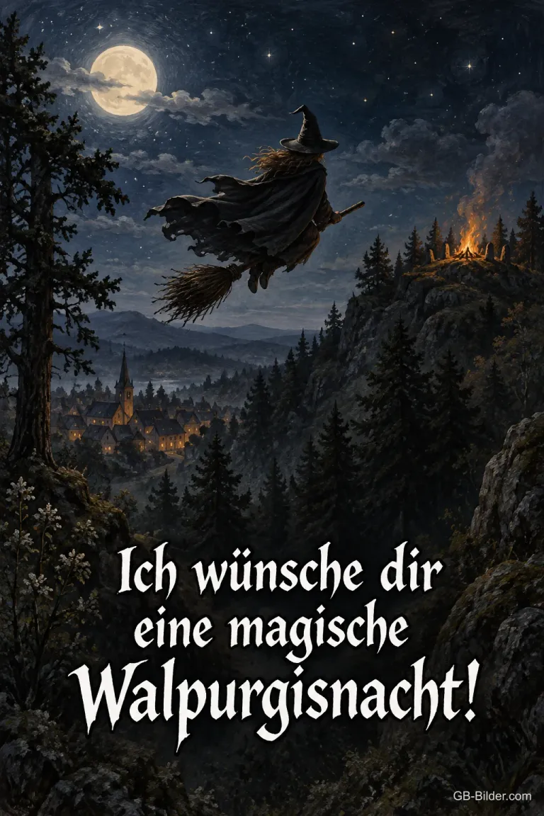Hexe auf dem Besen im Mondschein, Text: Ich wünsche dir eine magische Walpurgisnacht