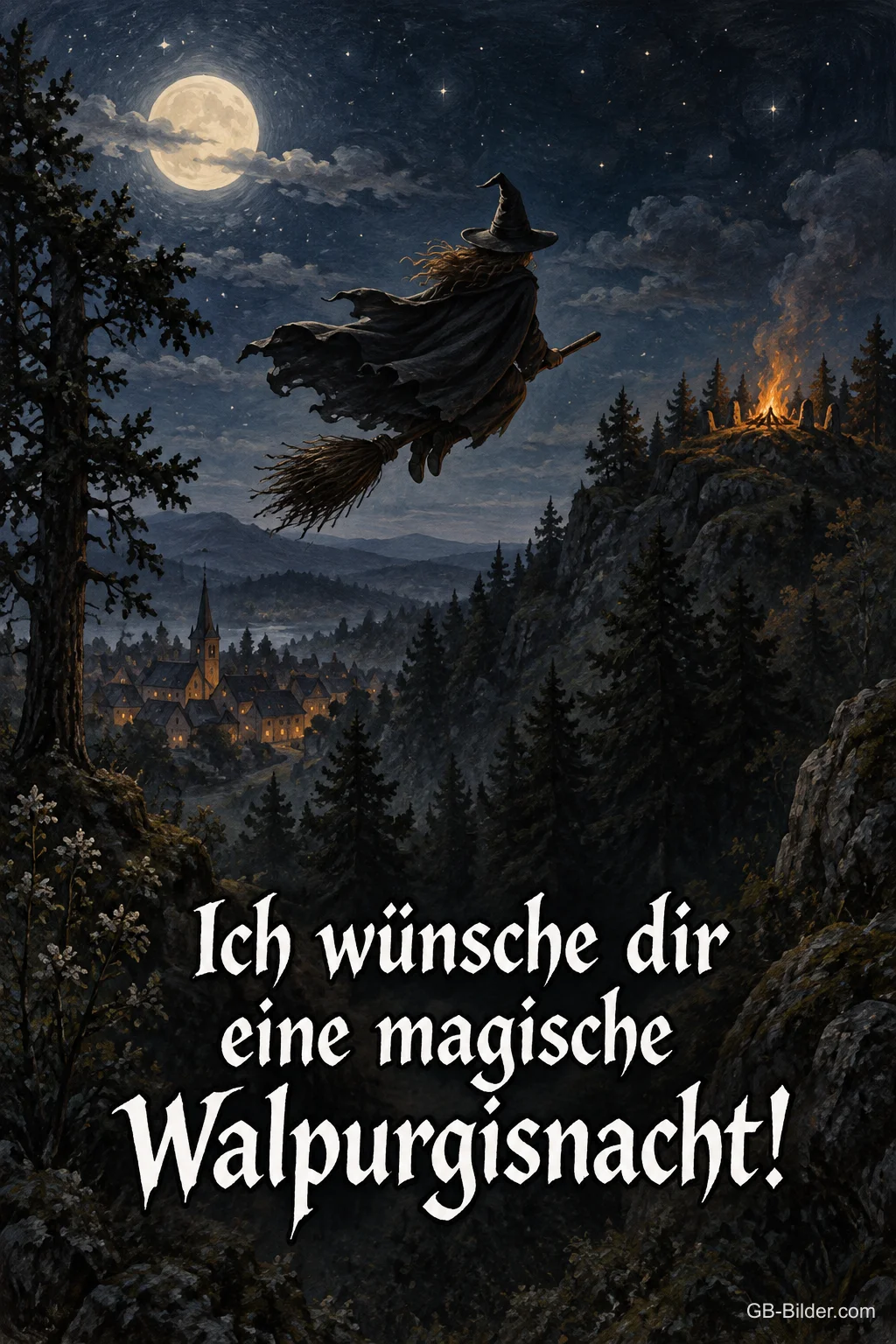 Hexe auf dem Besen im Mondschein, Text: Ich wünsche dir eine magische Walpurgisnacht Hexe auf dem Besen im Mondschein, Text: Ich wünsche dir eine magische Walpurgisnacht