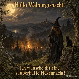 Hexe mit Katze über dem Tal, Text: Hallo Walpurgisnacht