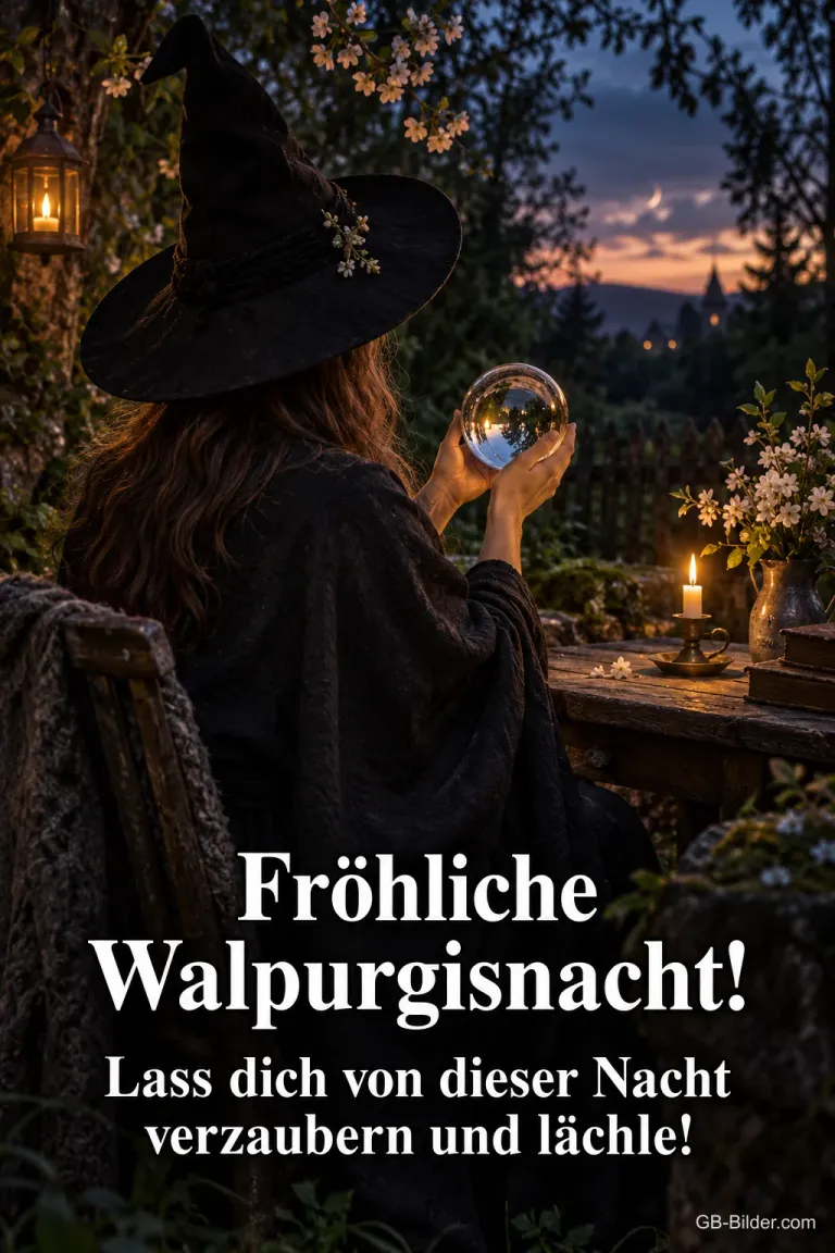 Hexe mit Glaskugel, Text: Fröhliche Walpurgisnacht