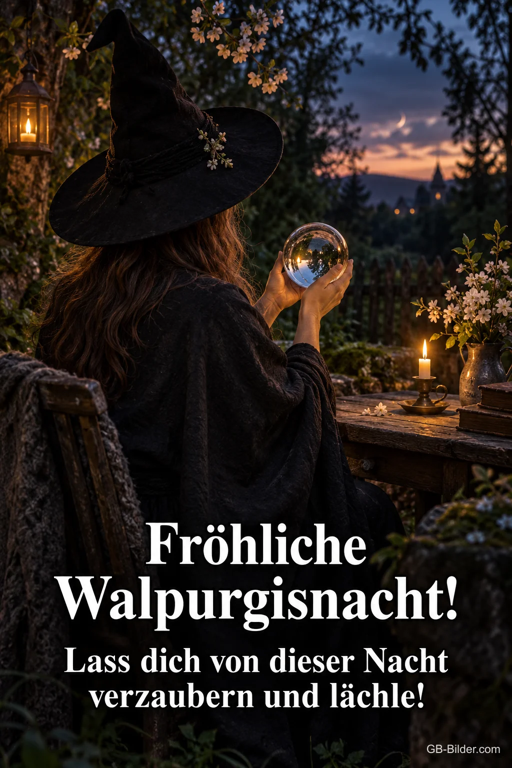 Hexe mit Glaskugel, Text: Fröhliche Walpurgisnacht Hexe mit Glaskugel, Text: Fröhliche Walpurgisnacht