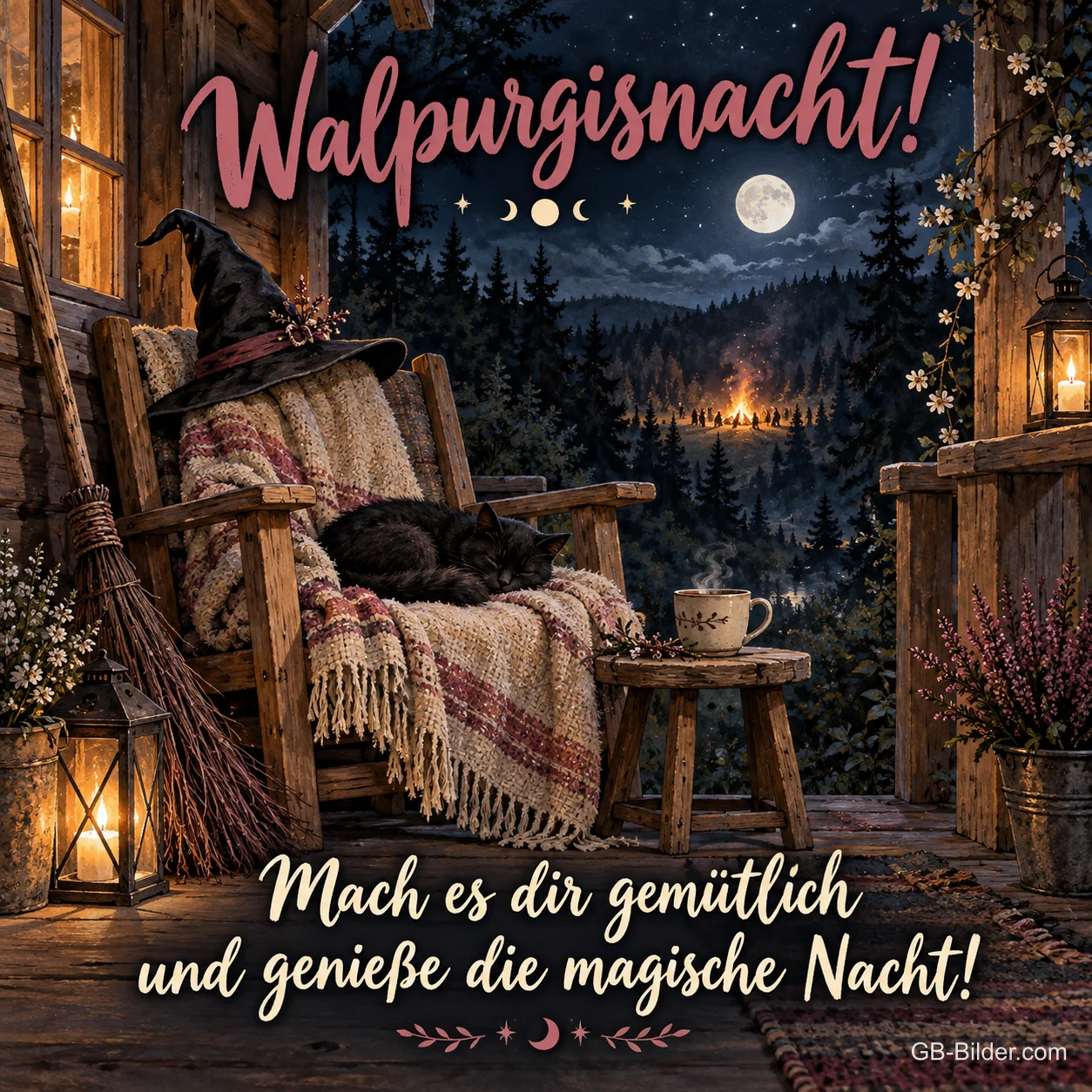 Veranda mit Hexenhut und Besen, Text: Walpurgisnacht Veranda mit Hexenhut und Besen, Text: Walpurgisnacht