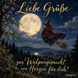 Hexe vor dem Vollmond, Text: Liebe Grüße zur Walpurgisnacht von Herzen für dich