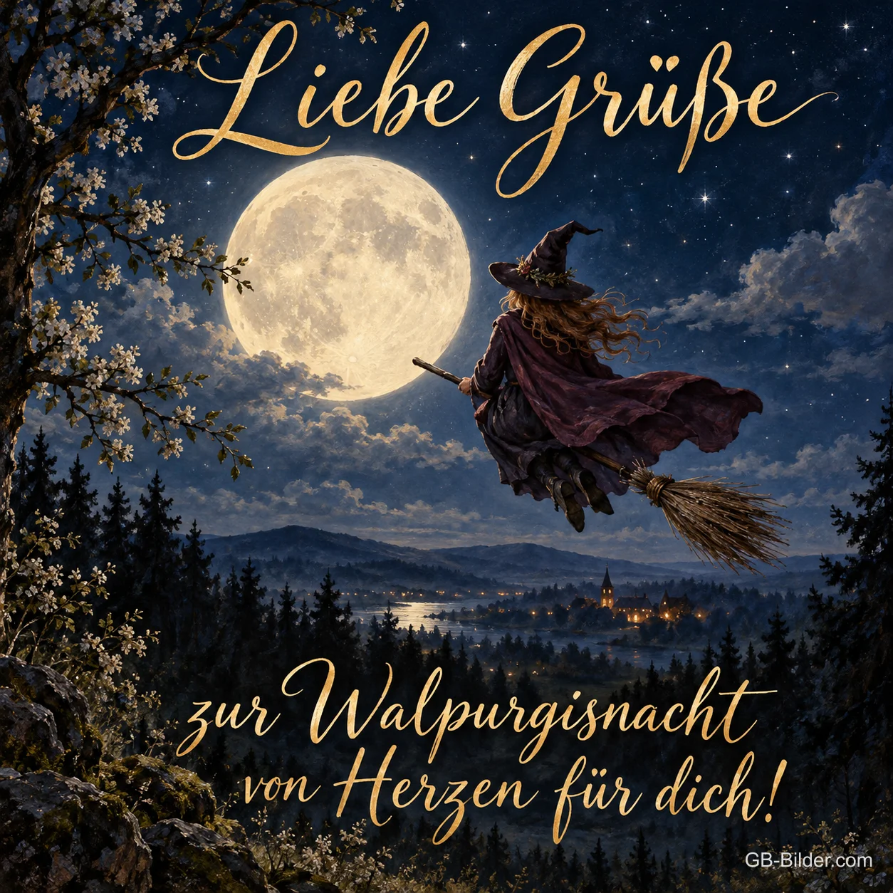 Hexe vor dem Vollmond, Text: Liebe Grüße zur Walpurgisnacht von Herzen für dich Hexe vor dem Vollmond, Text: Liebe Grüße zur Walpurgisnacht von Herzen für dich