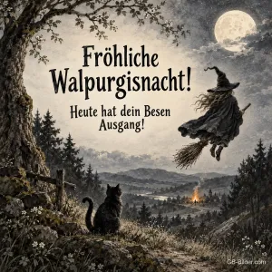 Fliegende Hexe und Katze, lustiger Text, Text: Fröhliche Walpurgisnacht
