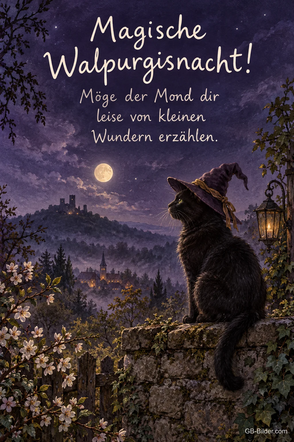 Katze mit Hexenhut auf der Mauer, Text: Magische Walpurgisnacht Katze mit Hexenhut auf der Mauer, Text: Magische Walpurgisnacht