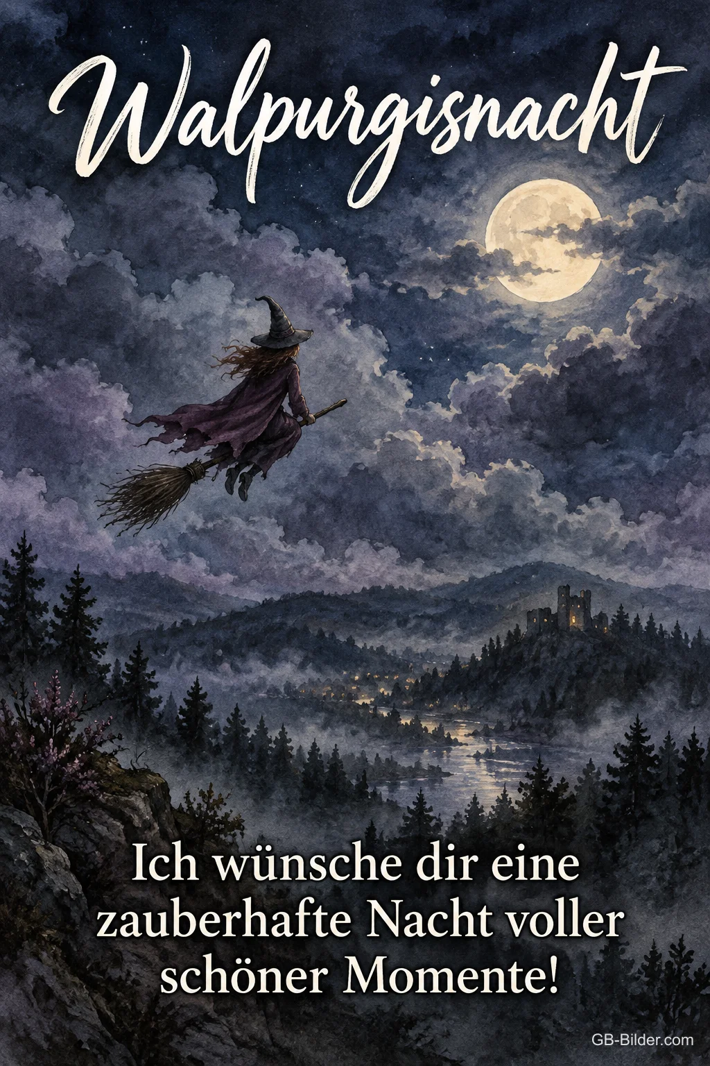 Hexe über einem nebligen Tal, Text: Walpurgisnacht Hexe über einem nebligen Tal, Text: Walpurgisnacht