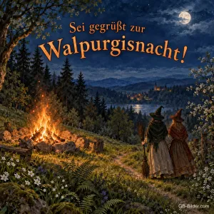 Zwei Hexen am Feuer, Text: Sei gegrüßt zur Walpurgisnacht