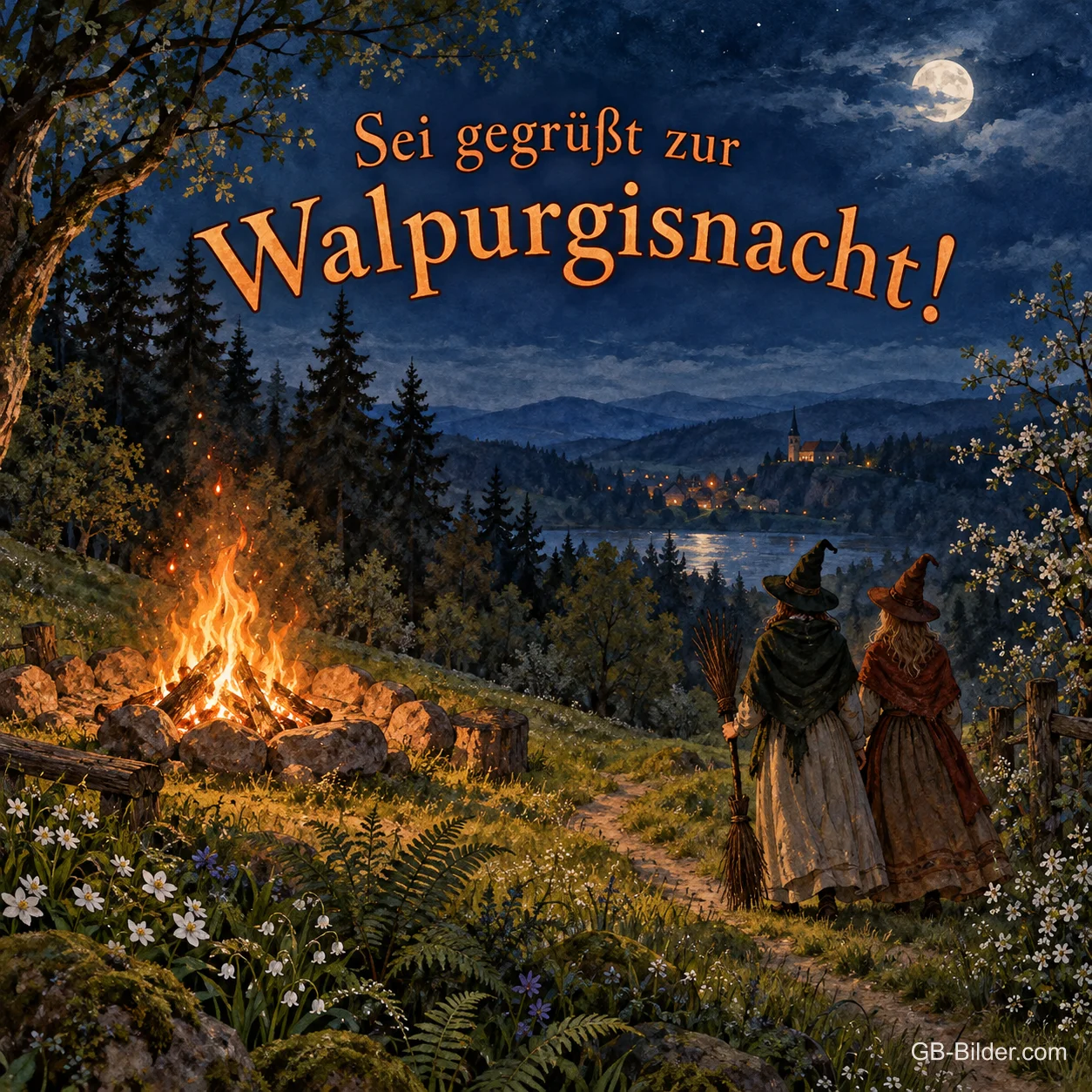 Zwei Hexen am Feuer, Text: Sei gegrüßt zur Walpurgisnacht Zwei Hexen am Feuer, Text: Sei gegrüßt zur Walpurgisnacht