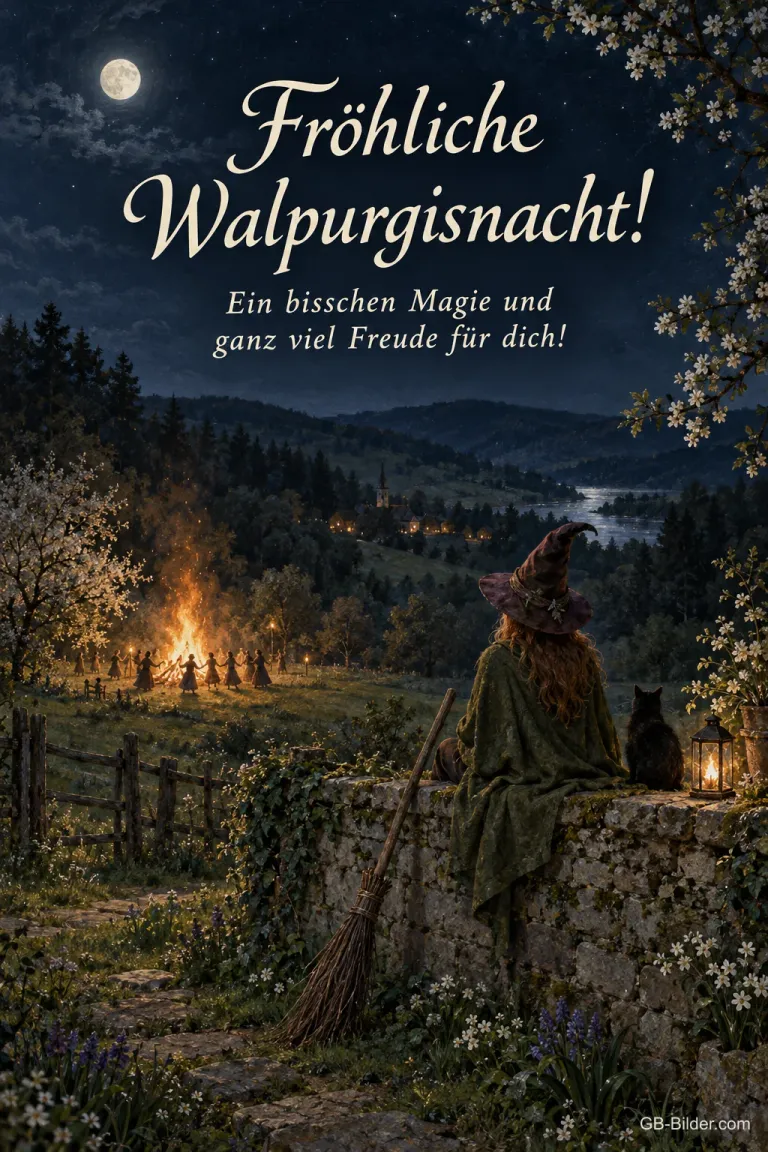 Hexe mit Katze auf einer Mauer, Text: Fröhliche Walpurgisnacht