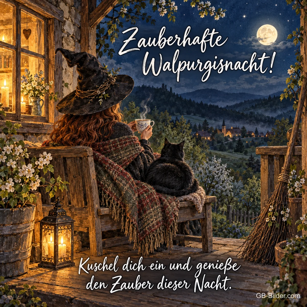 Hexe mit Katze auf der Veranda, Text: Zauberhafte Walpurgisnacht Hexe mit Katze auf der Veranda, Text: Zauberhafte Walpurgisnacht