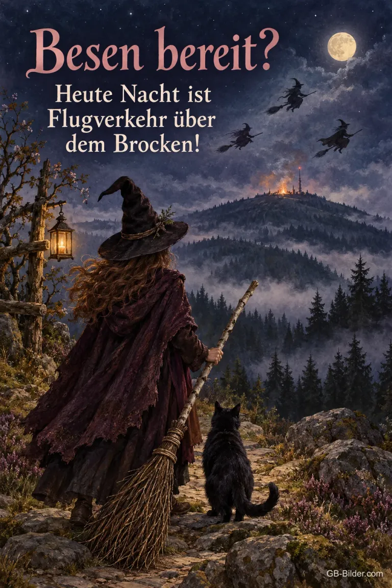 Hexe mit Katze vor dem Brocken, lustiger Text, Text: Besen bereit