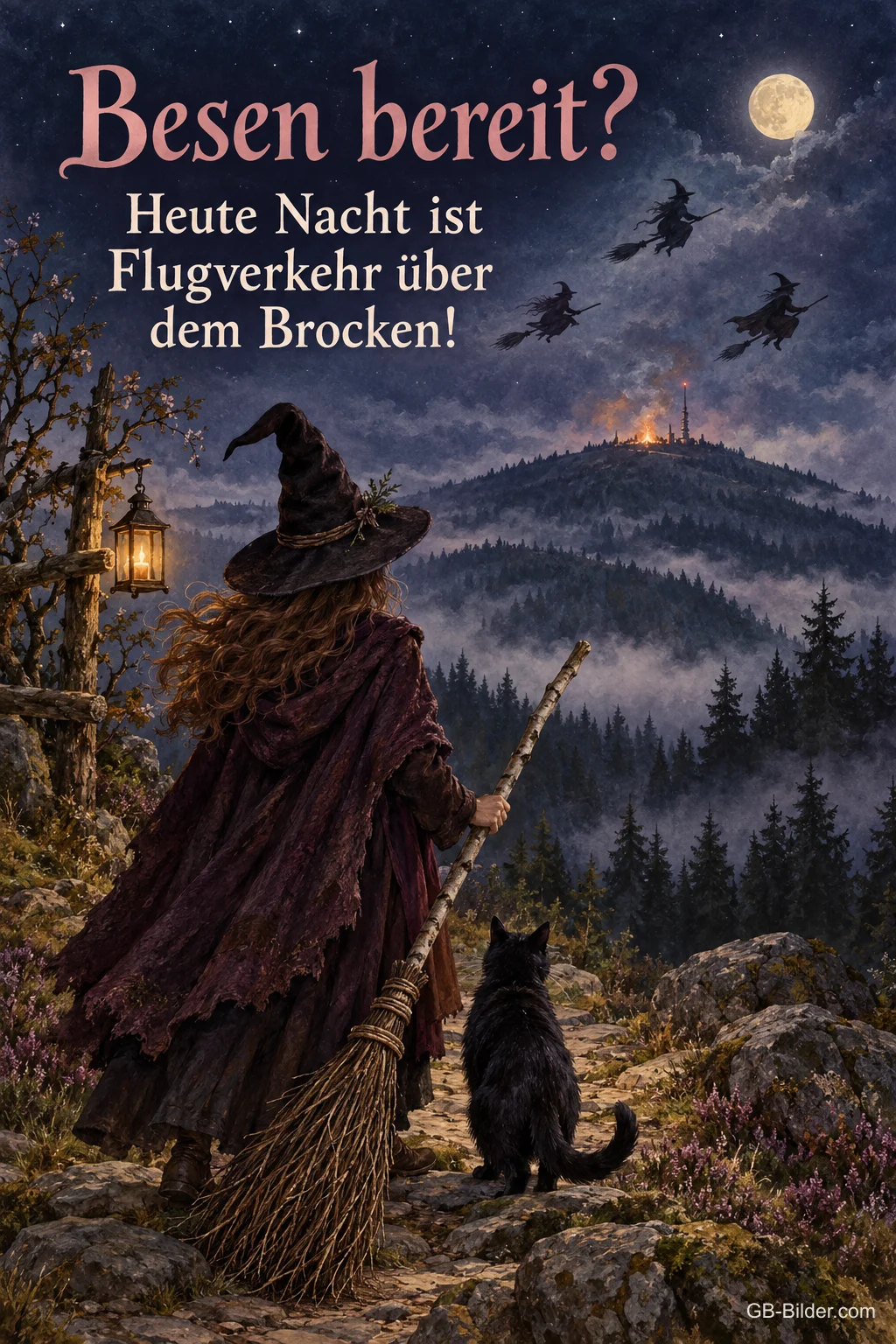 Hexe mit Katze vor dem Brocken, lustiger Text, Text: Besen bereit Hexe mit Katze vor dem Brocken, lustiger Text, Text: Besen bereit