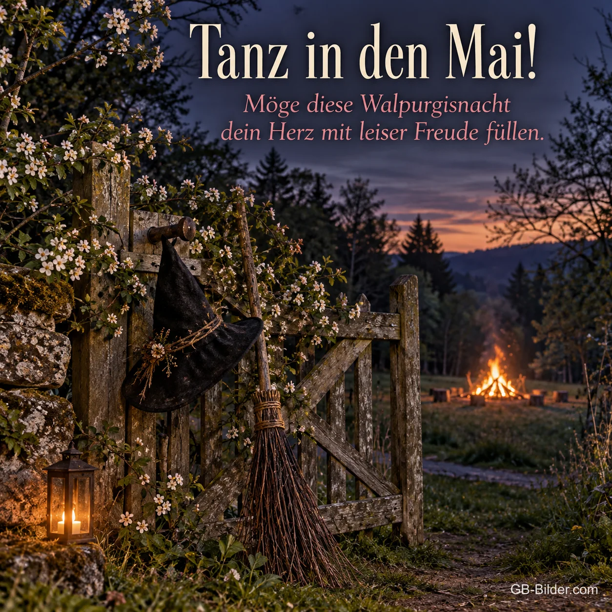 Hexenhut und Besen am Gartentor, Text: Tanz in den Mai Hexenhut und Besen am Gartentor, Text: Tanz in den Mai