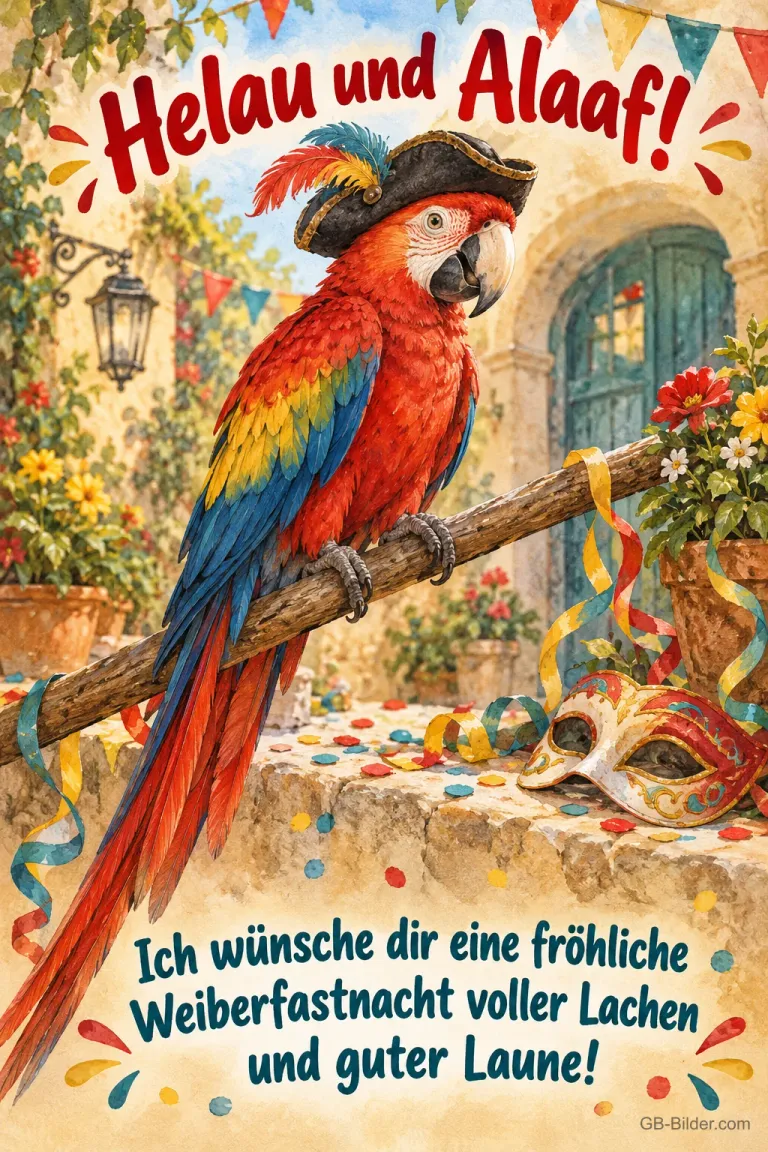 Papagei mit Piratenhut zur Weiberfastnacht, Text: Helau und Alaaf