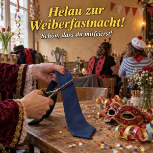Krawatte wird abgeschnitten, Text: Helau zur Weiberfastnacht