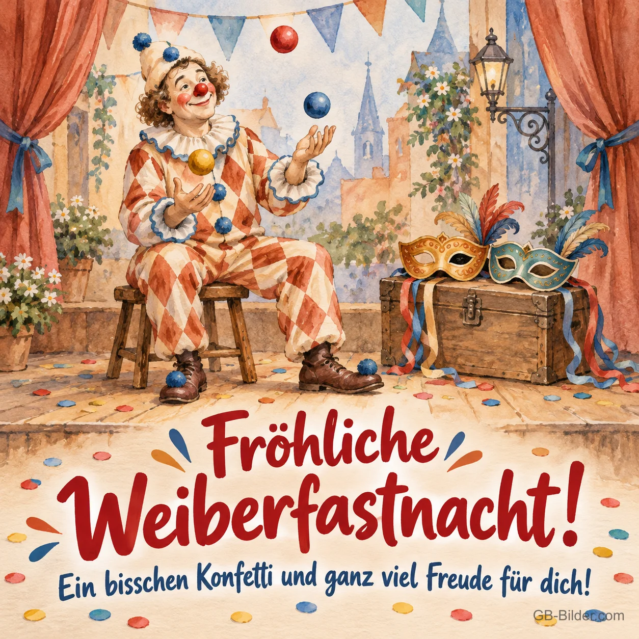 Jonglierender Clown auf der Bühne, Text: Fröhliche Weiberfastnacht