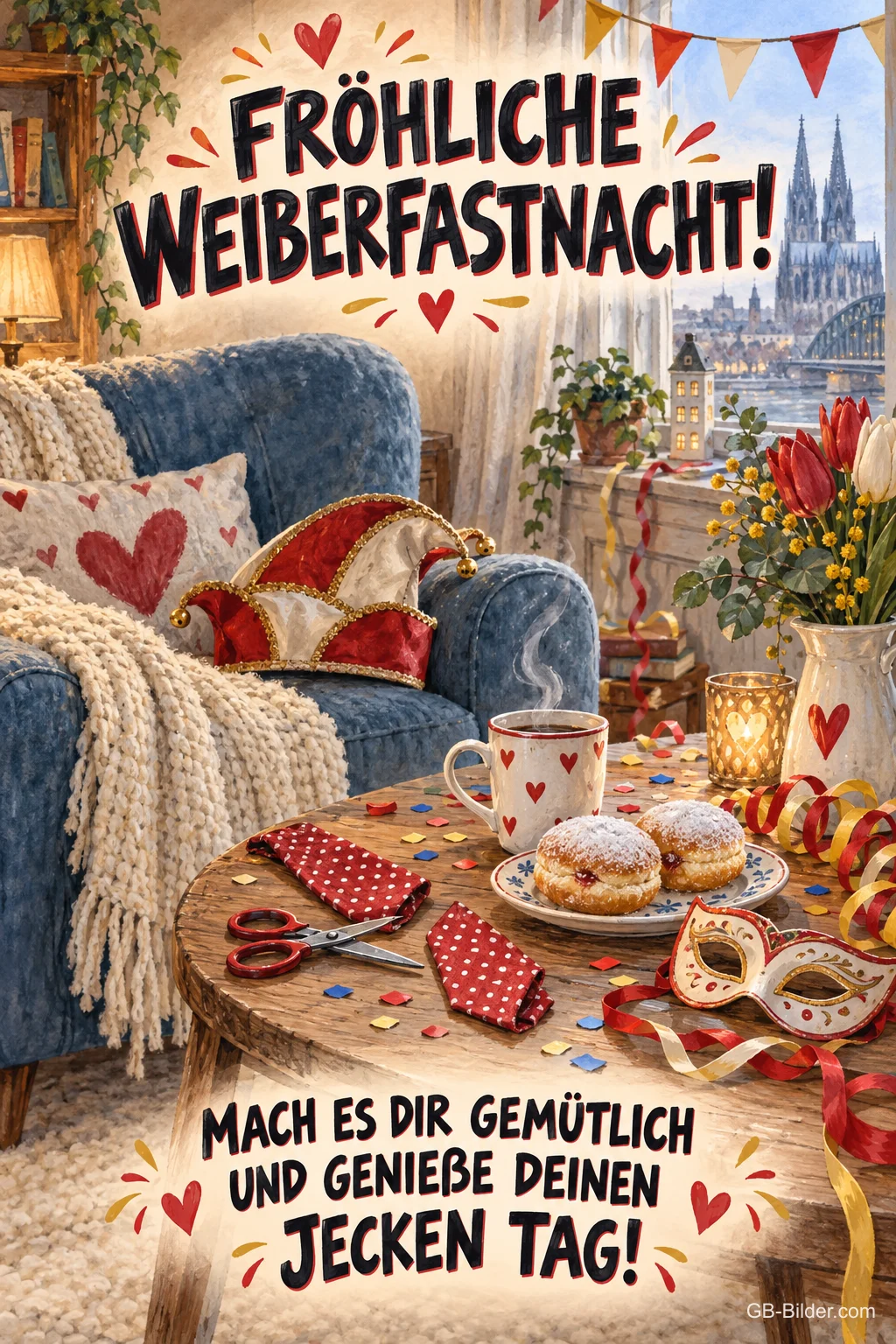 Gemütlicher Tisch mit Krapfen und Narrenkappe, Text: Fröhliche Weiberfastnacht