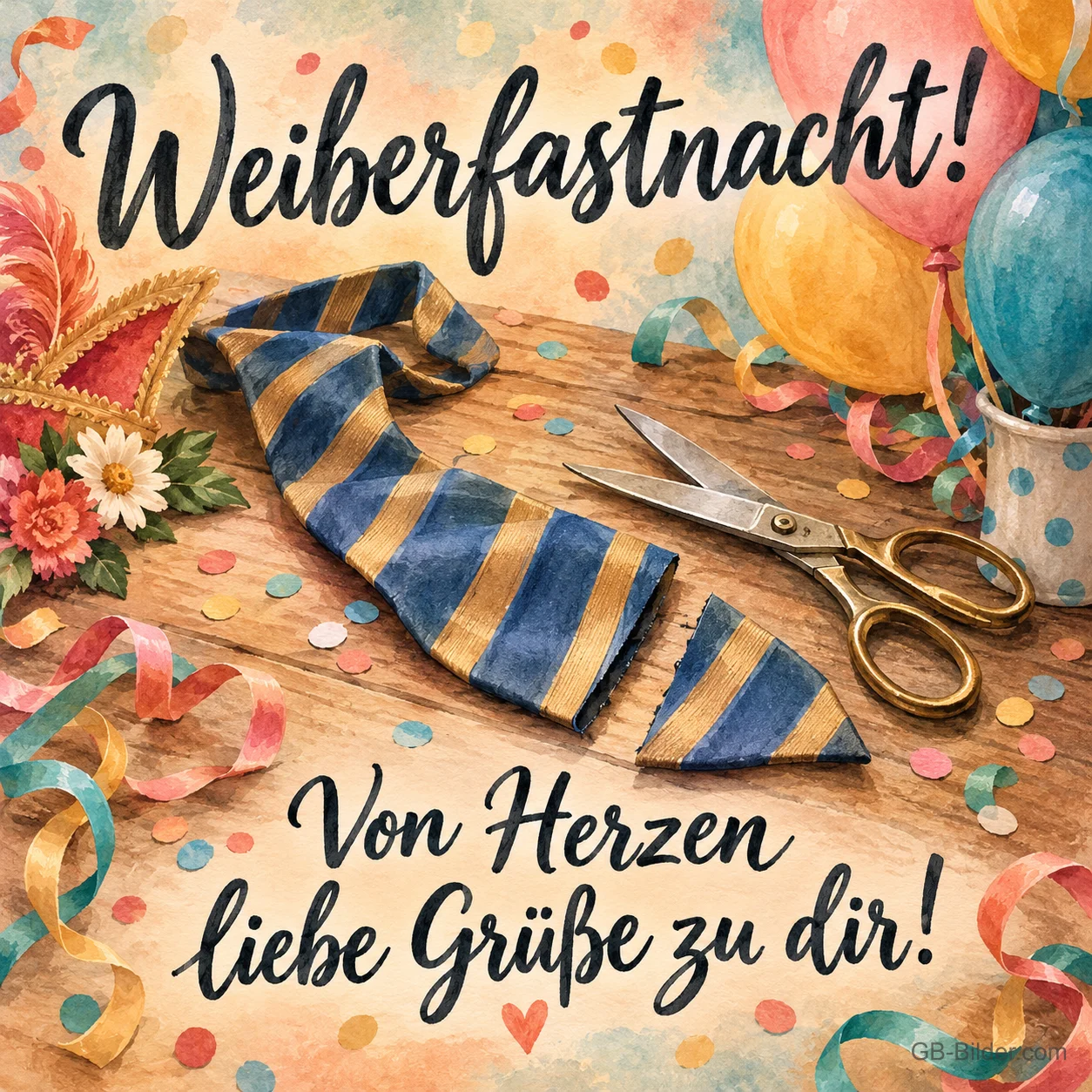 Zerschnittene Krawatte mit Schere, Text: Weiberfastnacht