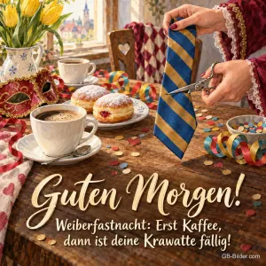 Frühstückstisch mit Krawatte und Krapfen, Text: Guten Morgen