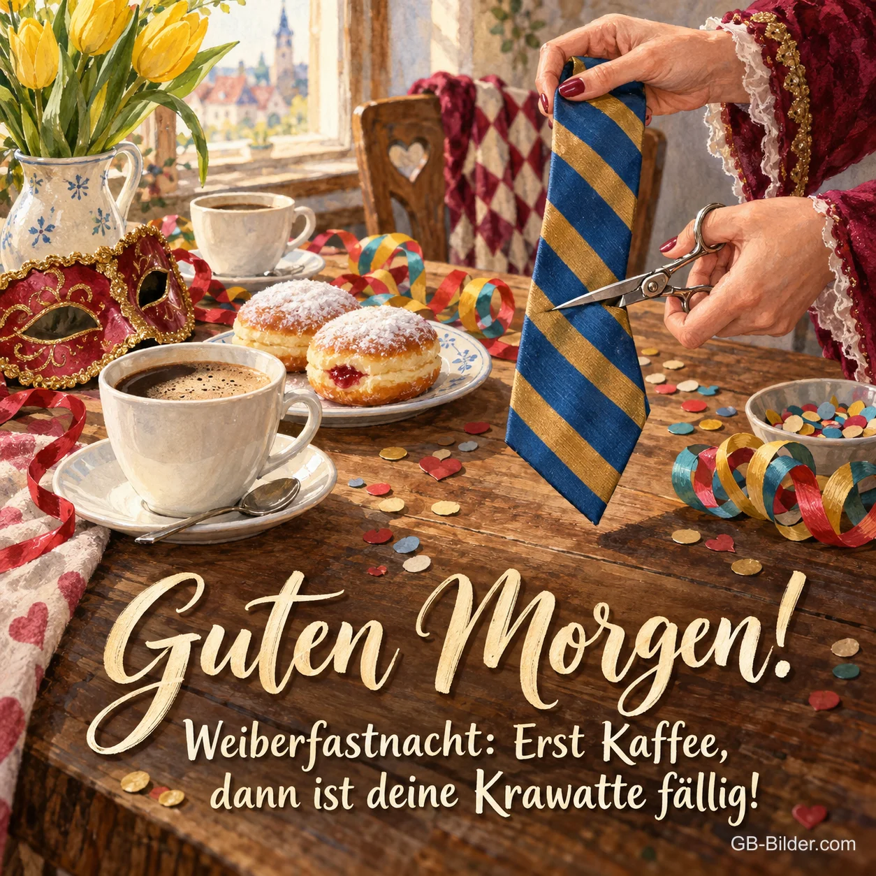 Frühstückstisch mit Krawatte und Krapfen, Text: Guten Morgen