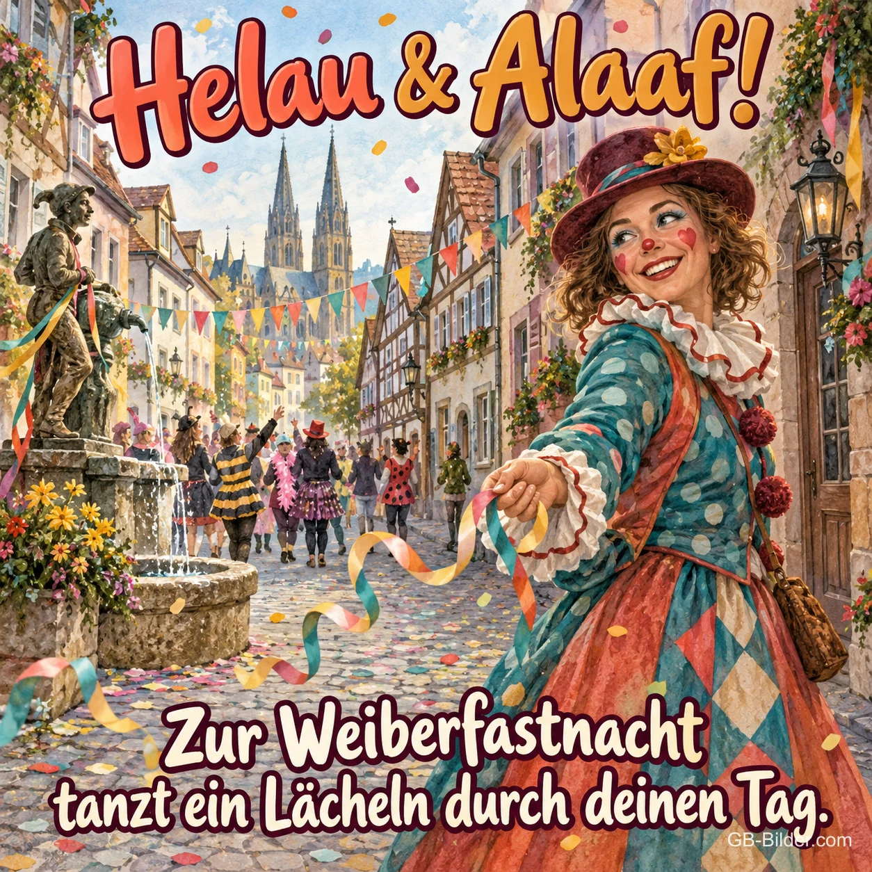 Tanzende Närrin in der Altstadt, Text: Helau & Alaaf