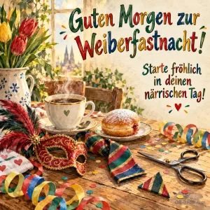Kaffee mit Krapfen und Maske, Text: Guten Morgen zur Weiberfastnacht