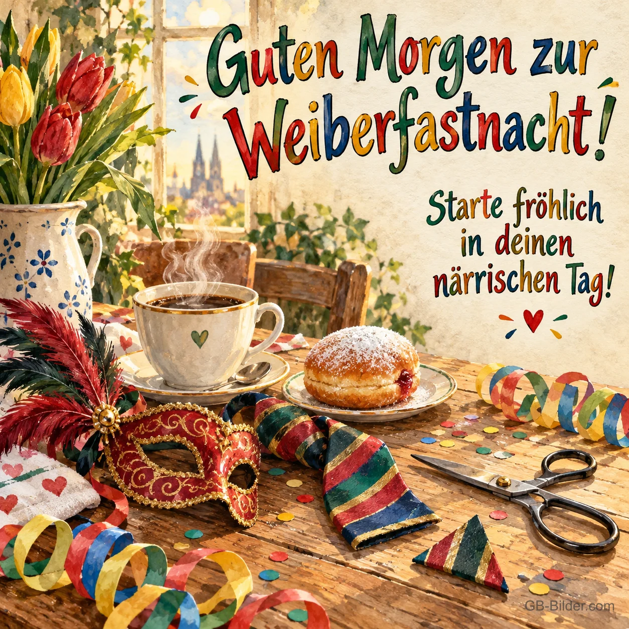 Kaffee mit Krapfen und Maske, Text: Guten Morgen zur Weiberfastnacht
