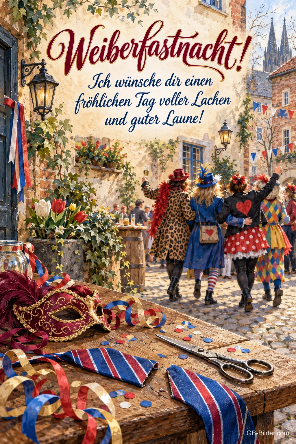Kostümierte Frauen in der Gasse, Text: Weiberfastnacht