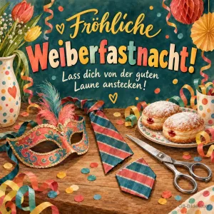 Maske und Krapfen auf dem Tisch, Text: Fröhliche Weiberfastnacht